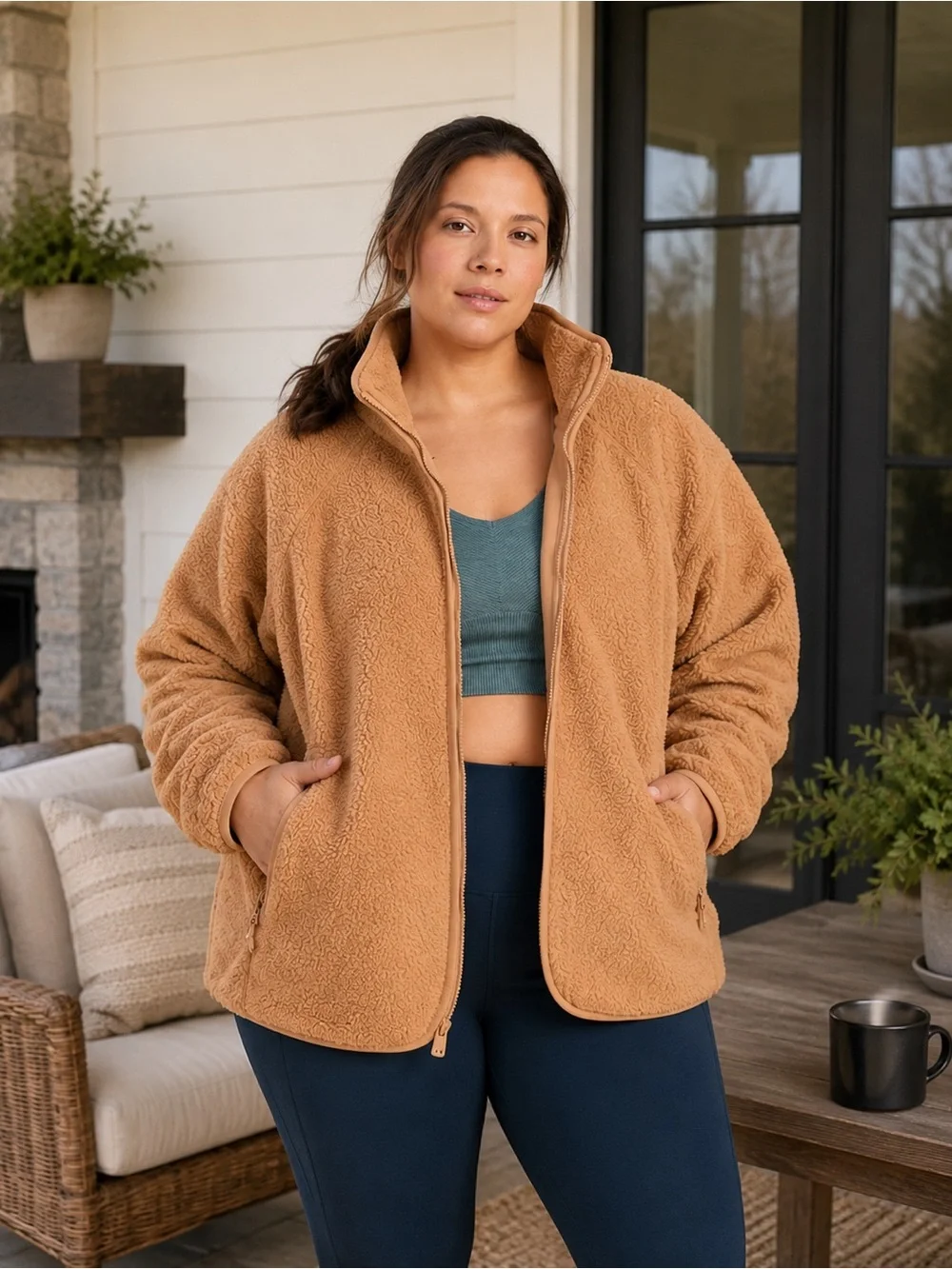 All in Motion Jacket Sherpa Full Front Zip Brown Camel NWT